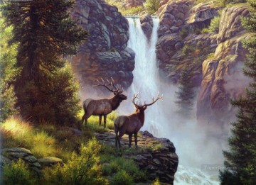 動物 Painting - 滝のヘラジカ
